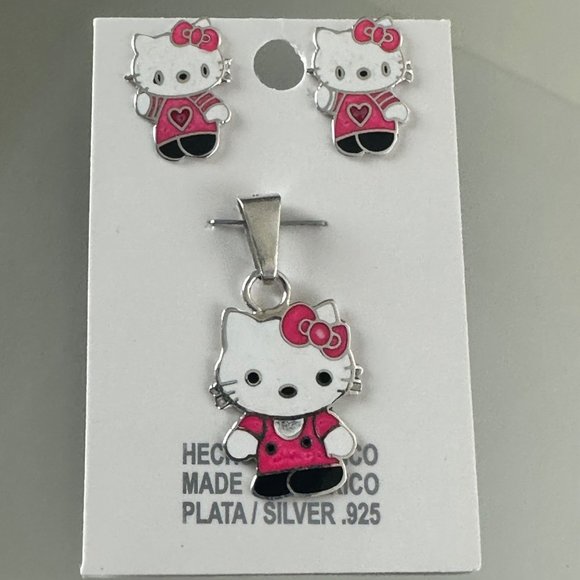 Hello Kitty Silver 925 Earrings & Pendant Set Trendy Girls Jewelry Made In Mexic - Picture 3 of 10